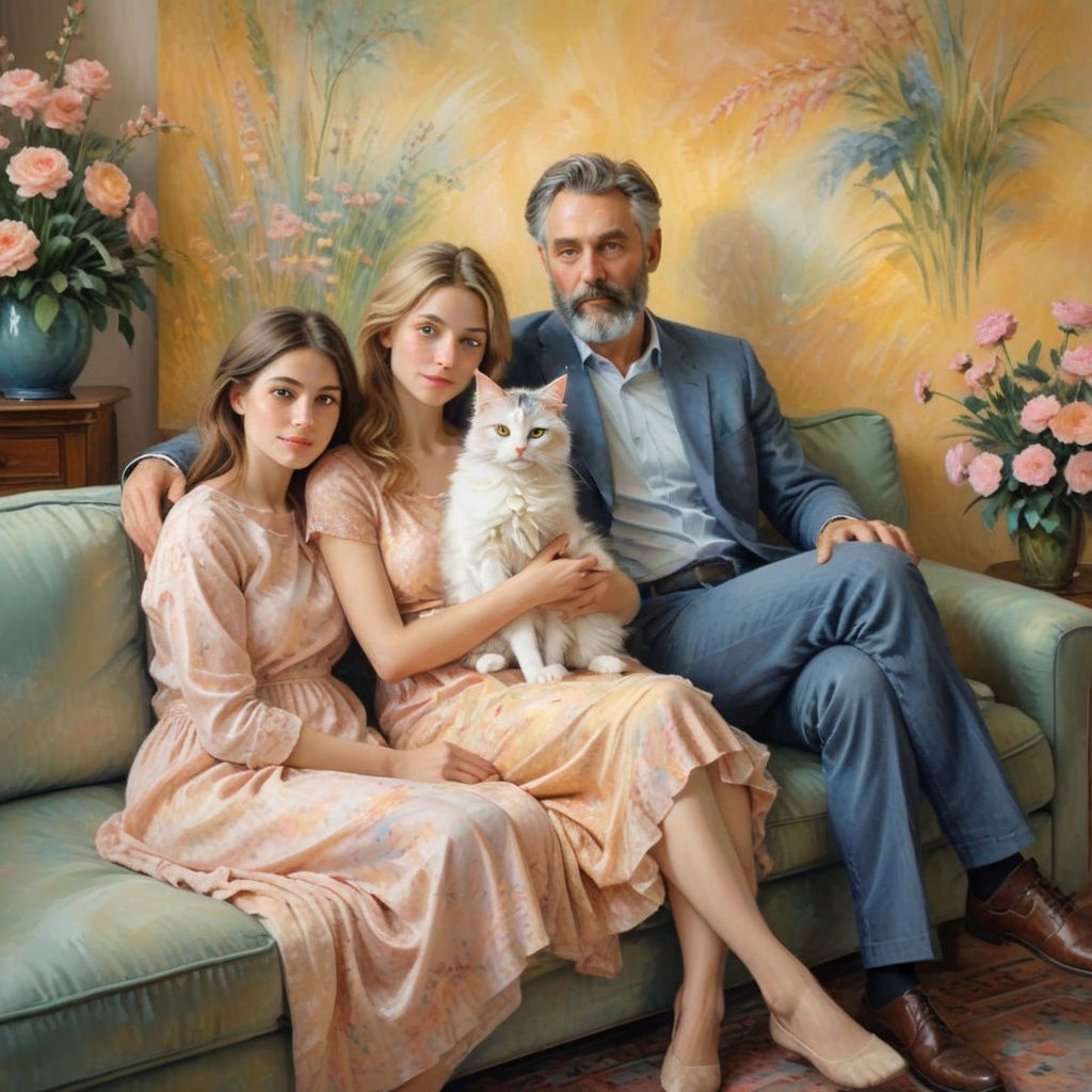 Elegant Family Portrait in Impressionist Watercolor Style