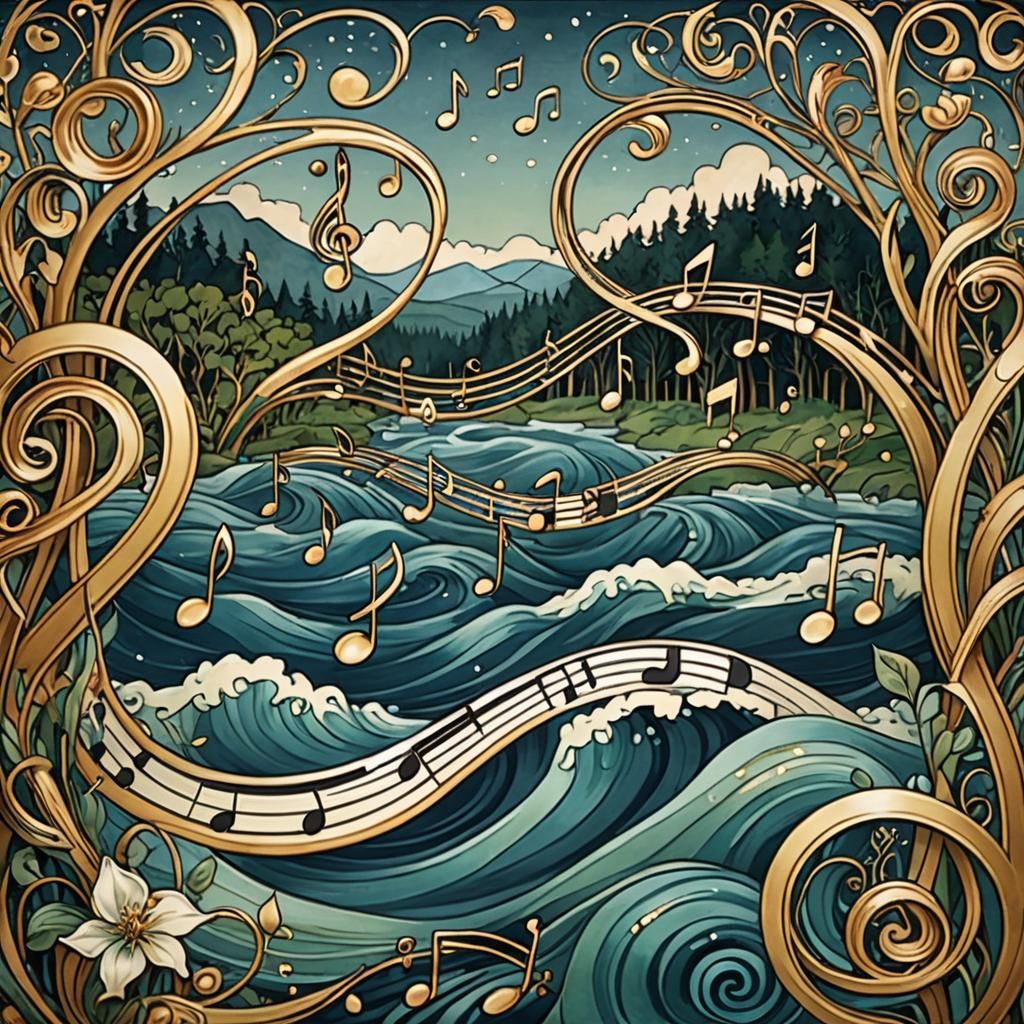 Music Notes Flowing with River in Art Nouveau