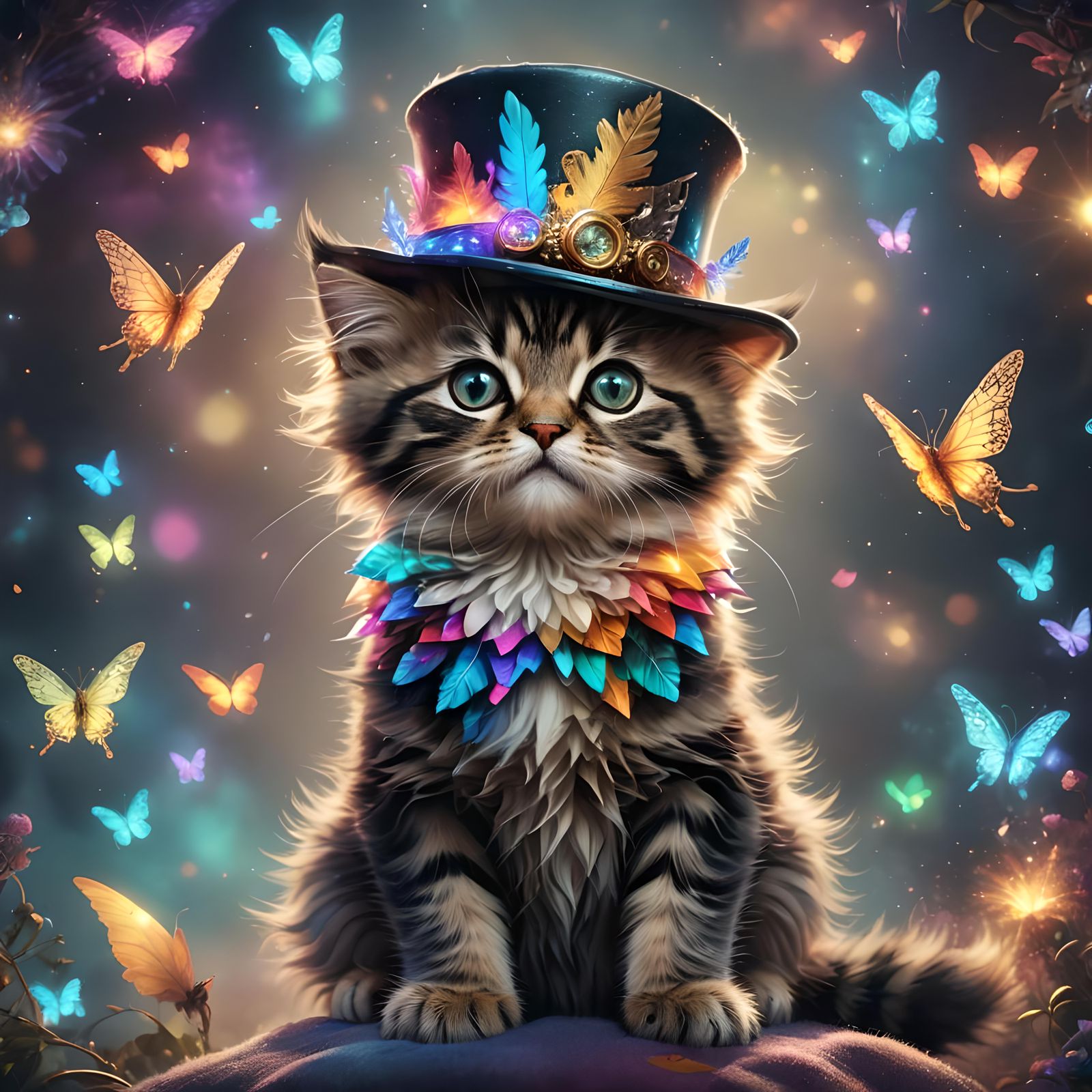 Fluffy Kitten in Glowing Hat: Digital Art