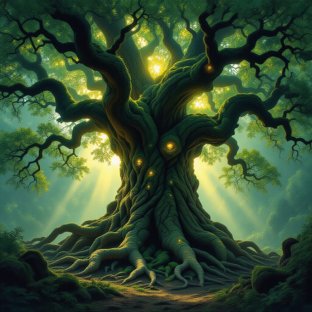 Ancient Tree With Serpent Roots In Ethereal Forest Glow