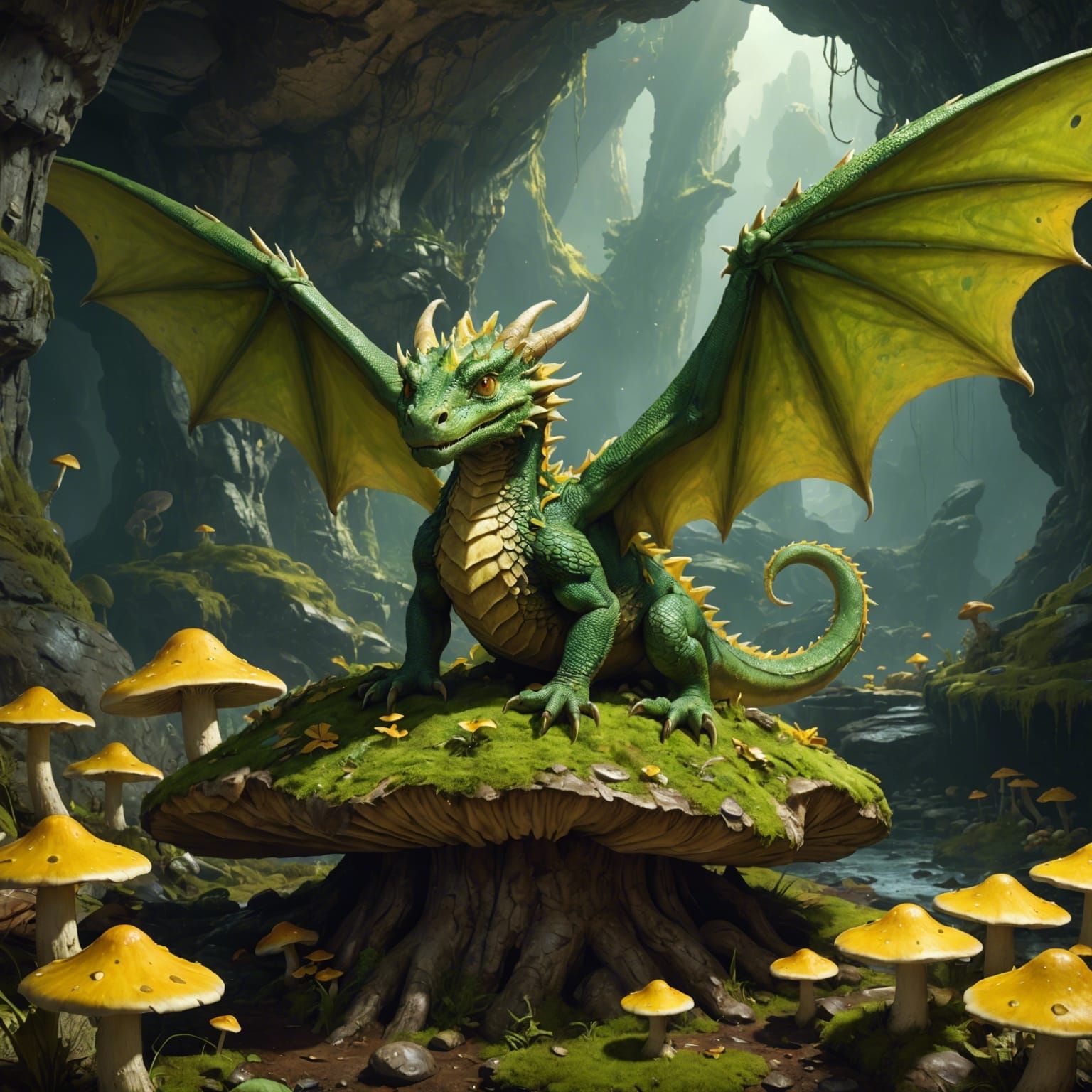 Green Dragon on Mushroom in Spore Cave