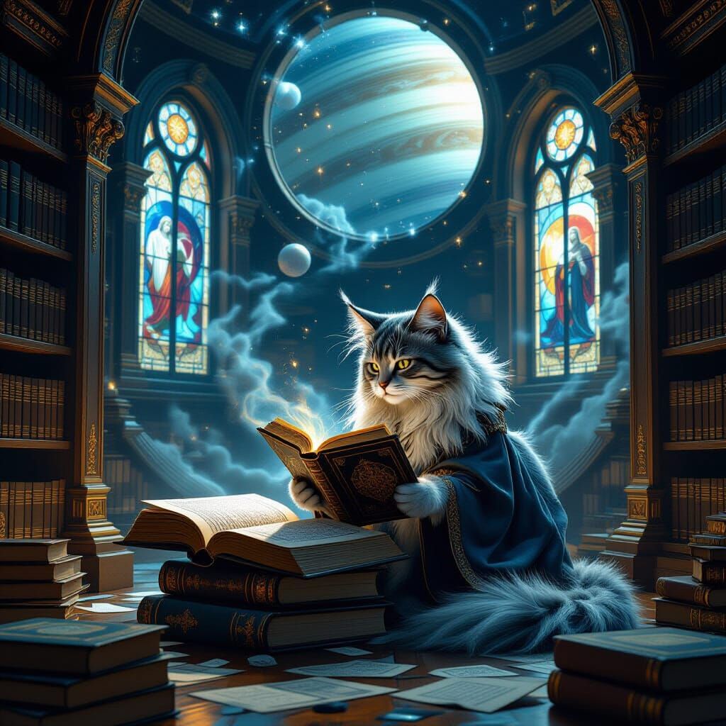Celestial Library on Saturn with Galactic Cat, Hyperrealisti...