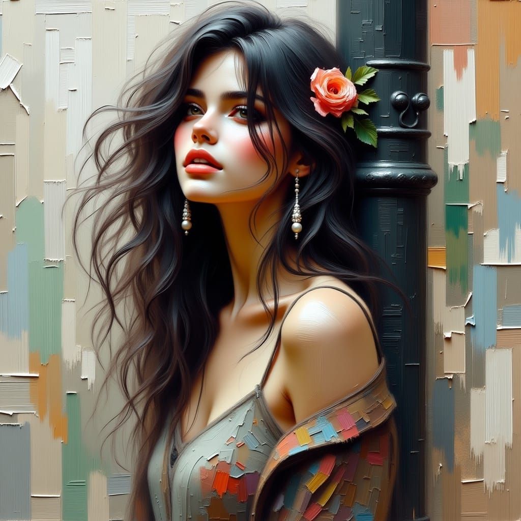 Melancholy Woman with Pearl Earrings, Watercolor Style