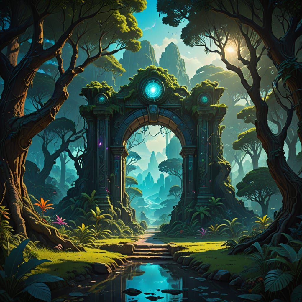 Glowing Sci-Fi Portal in Alien Jungle