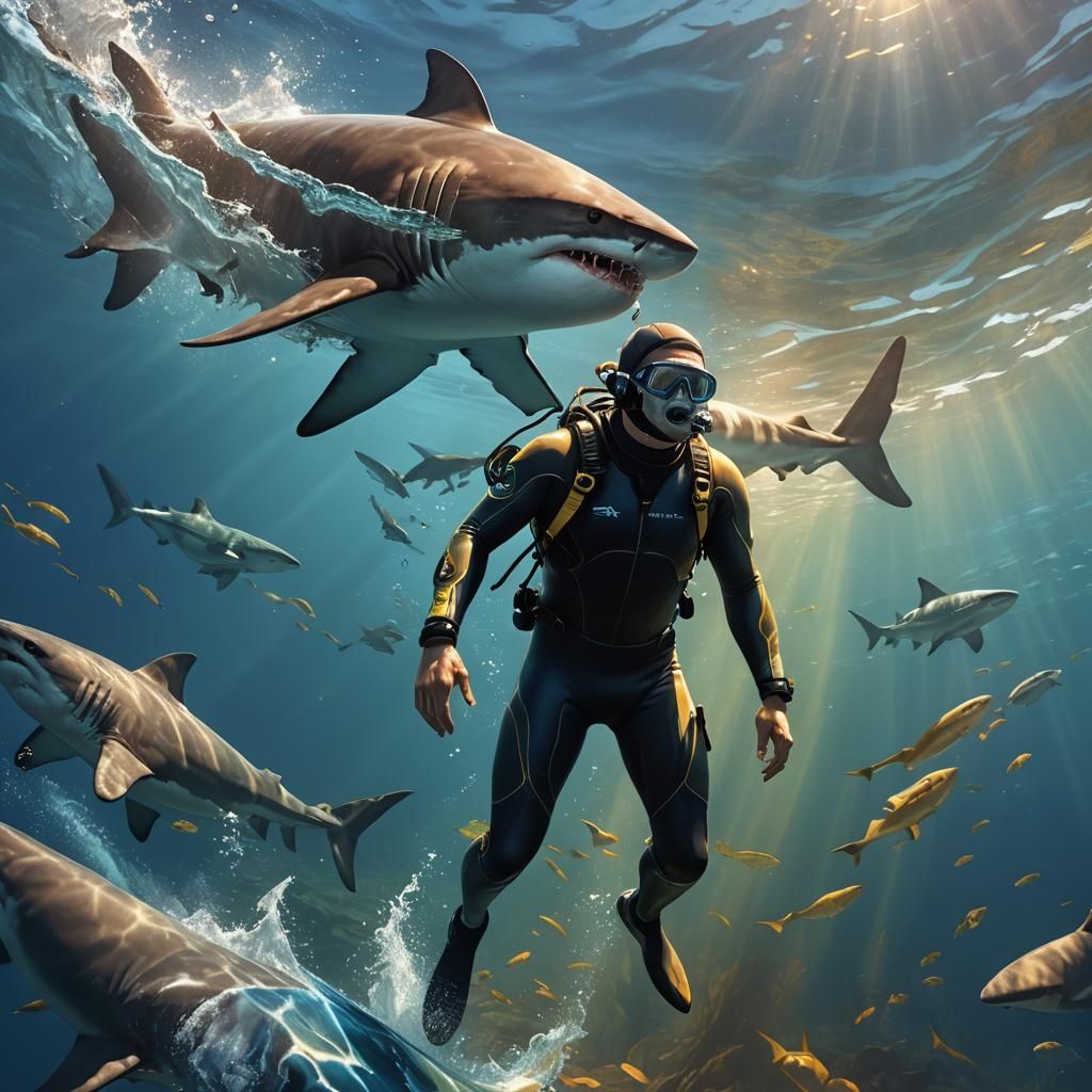 Diver's Shark Fear in Hyperrealistic Digital Art
