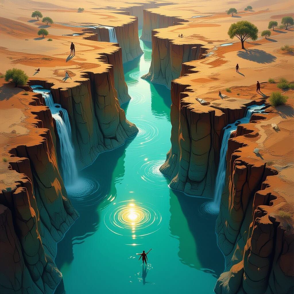 River's Awakening by Crystal Pond in Surreal Landscape