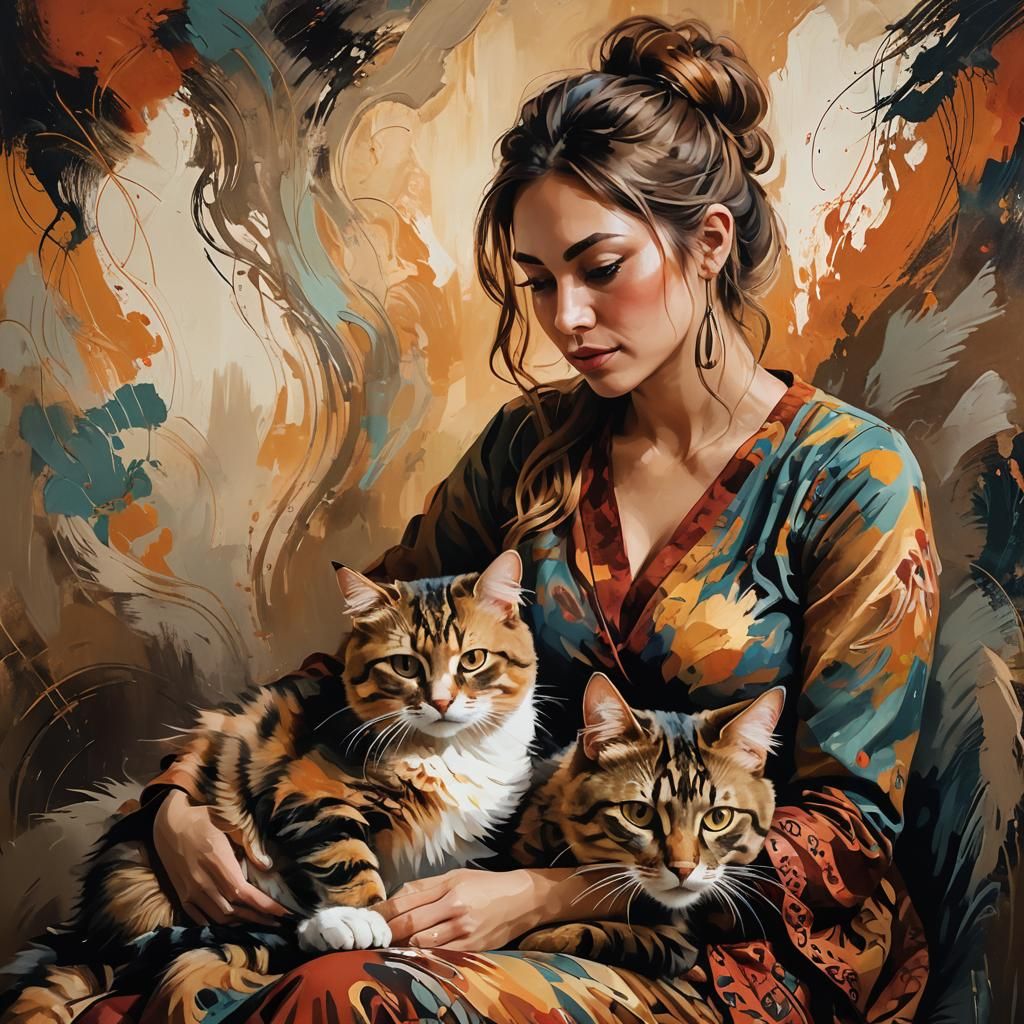 Woman with Cat Portrait in Mixed Media Style