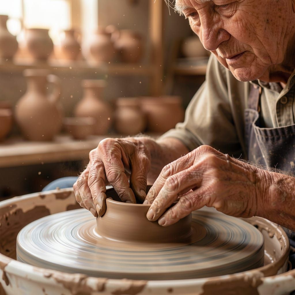 Elderly Artisan Shaping Clay on Pottery Wheel