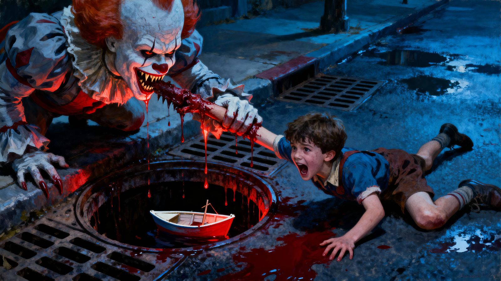 Horror Oil Painting: Pennywise Attacks Georgie in Sewer