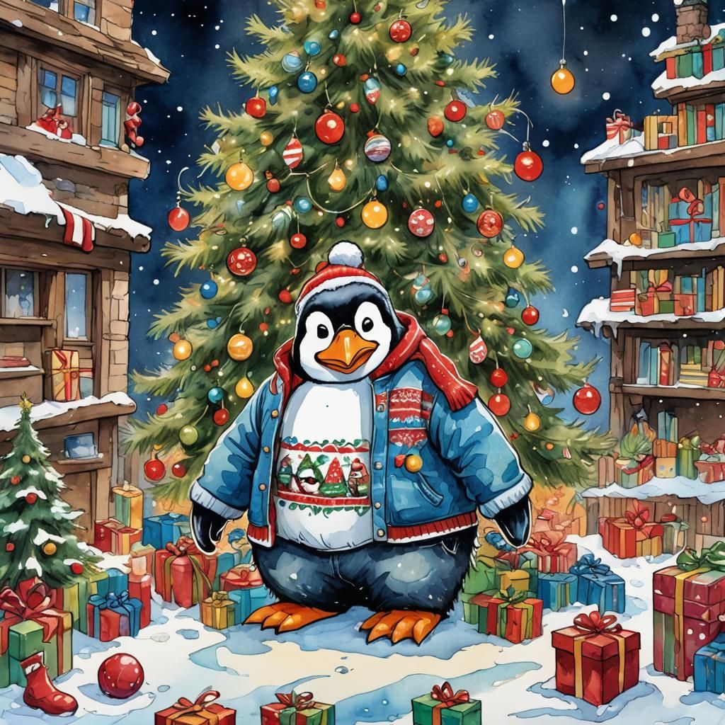A Jolly Penguin Surrounded by Christmas Cheer in Vibrant Wat...
