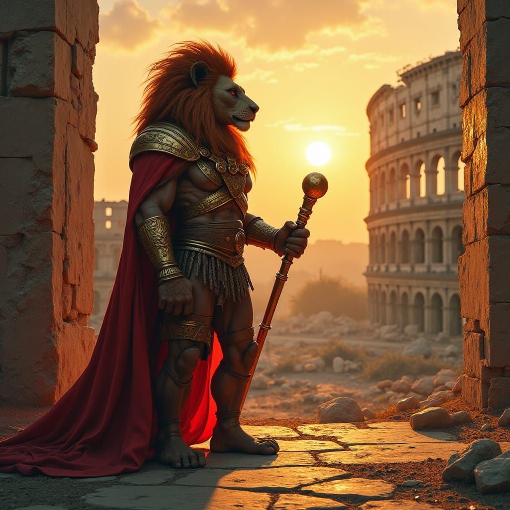 Lion in Ruins: Dystopian Realism with Golden Light