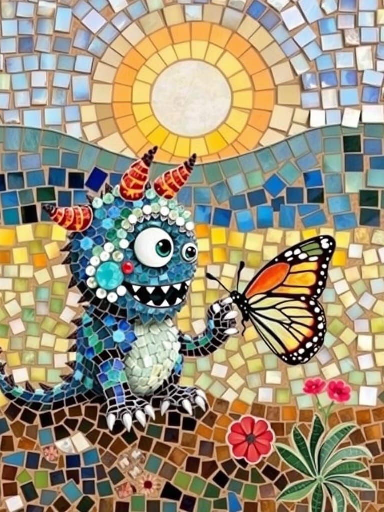 little monster looking at a butterfly
