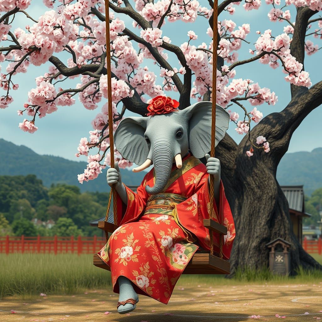 Elegant Geisha Elephant Under Cherry Blossoms
