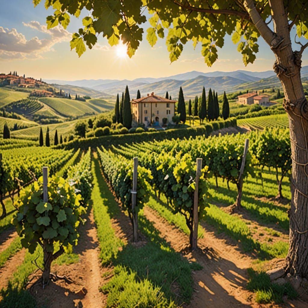 Sunny Tuscan Vineyard Landscape in Vibrant Colors