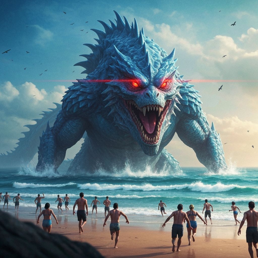 Colossal Sea Monster Attacks Crowded Beach in Matte Painting...