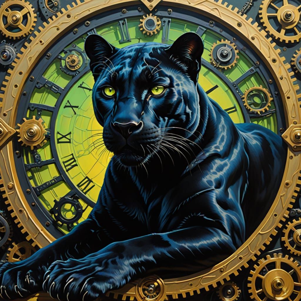 Black Panther Lounging on Clockwork Heart as Surreal Oil Pai...