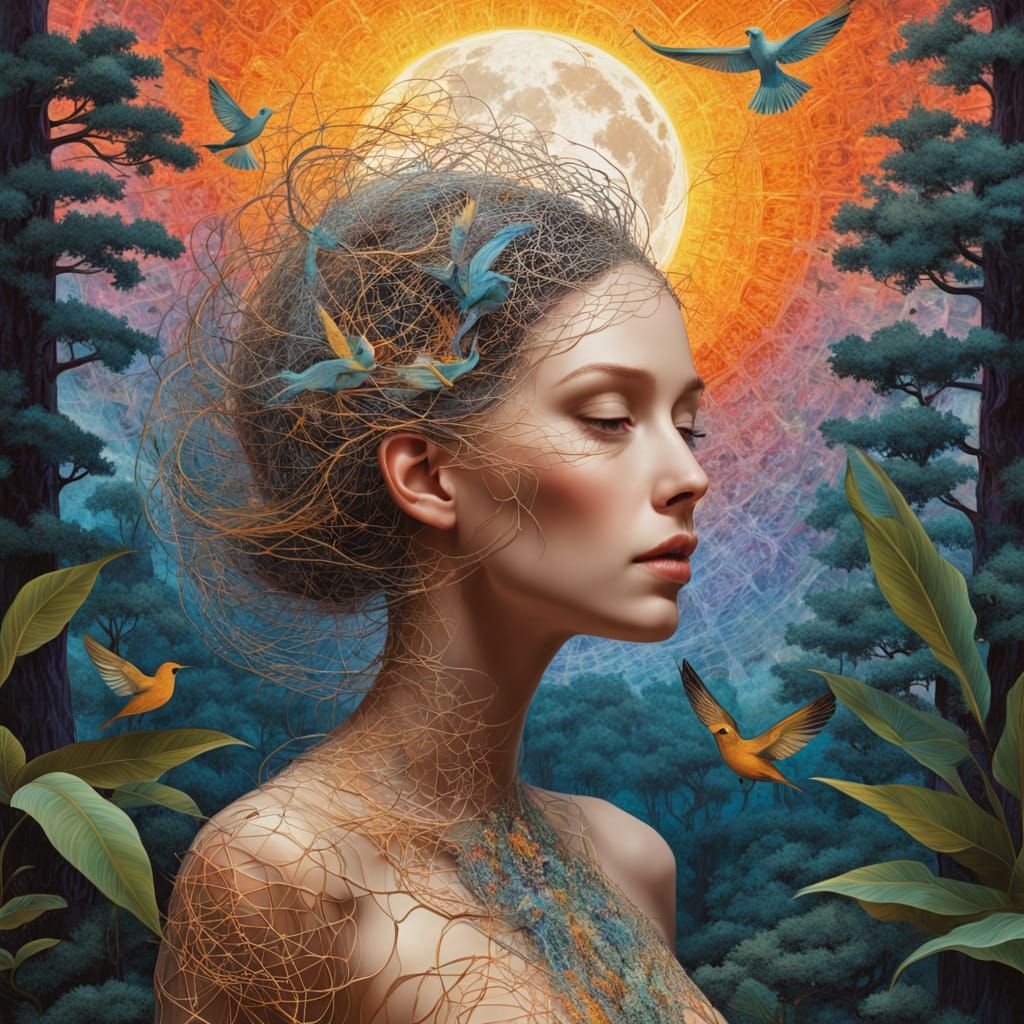 Ethereal Transhumanist Goddess in Cosmic Forest