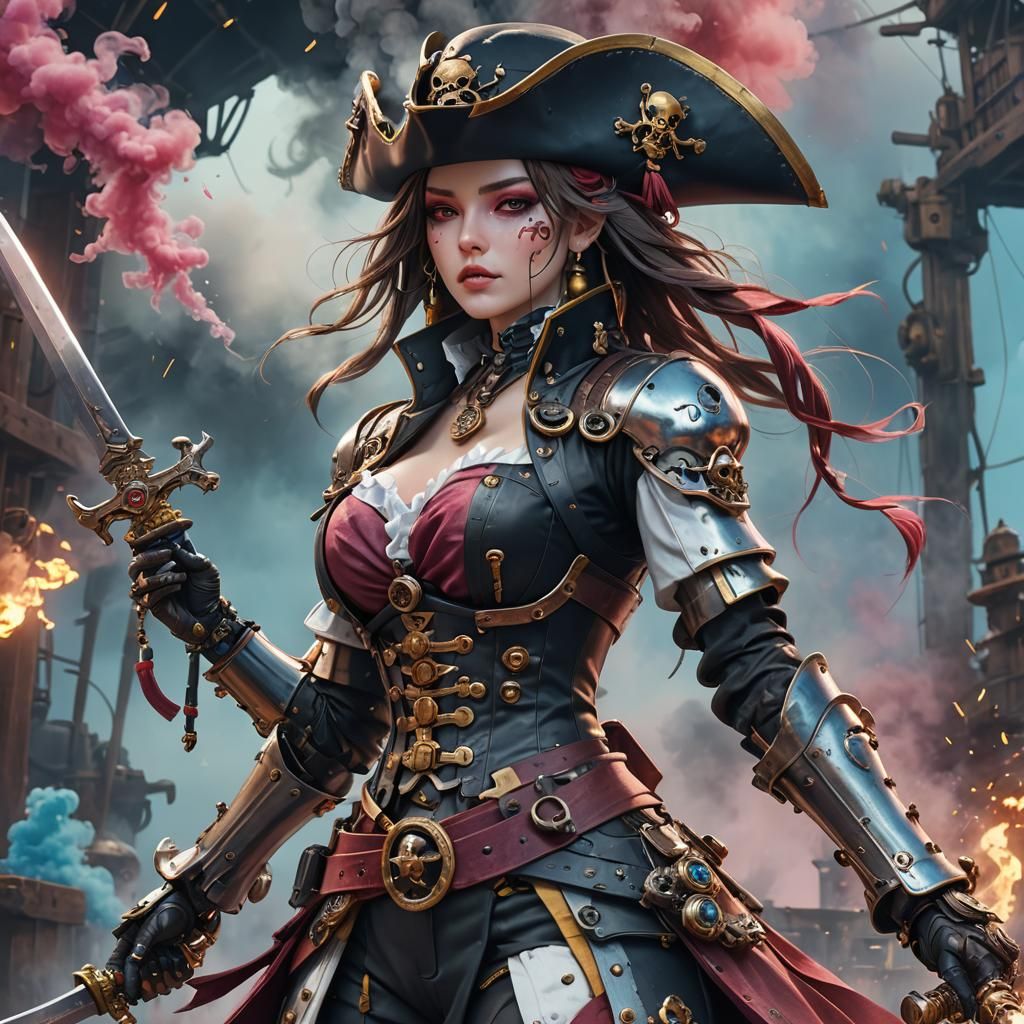 Robotic Pirate Lady with Sword in Anime Style