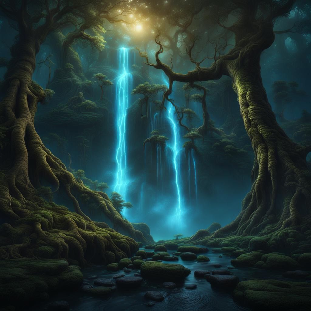 Luminescent Waterfall Shrouded in Mist