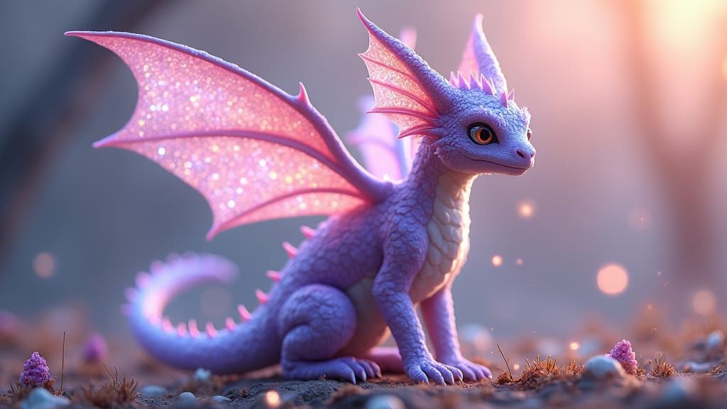 A amethyst hybrid fairy dragon. Iridescent scales and wings....