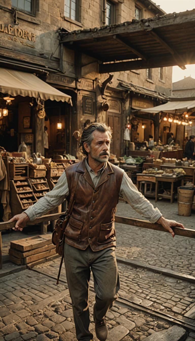 Trader in Ornate Attire in Dimly Lit Market