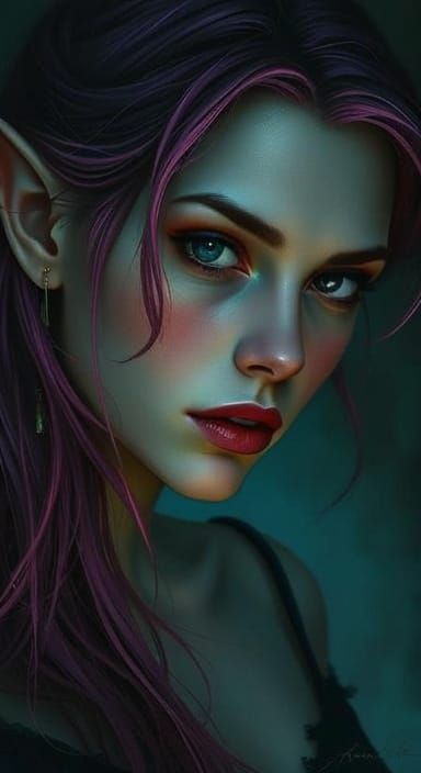 Elf Woman with Fuchsia Hair in Atmospheric Expressionist Sty...