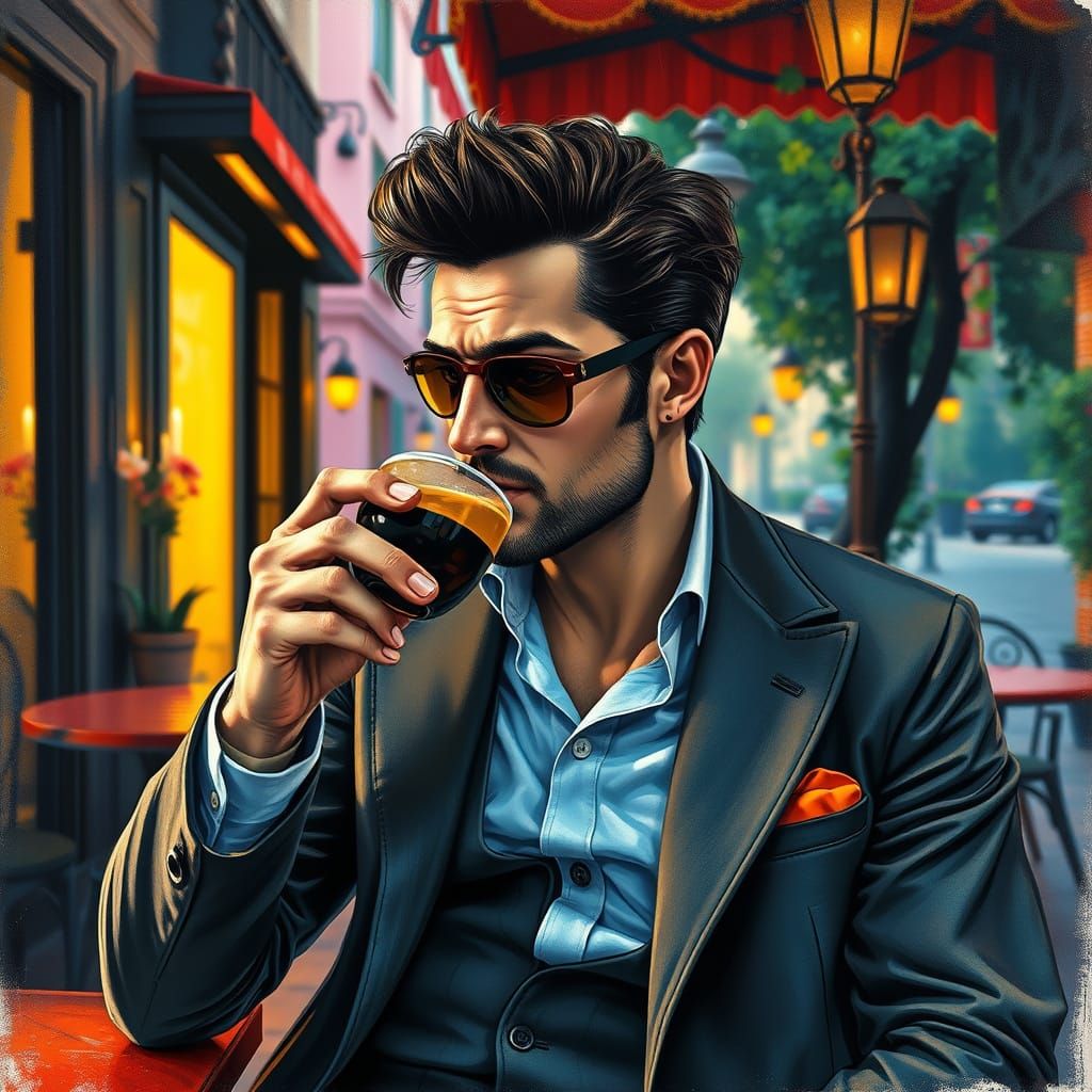 Stylish Man Sipping Coffee: Charcoal and Gouache Portrait