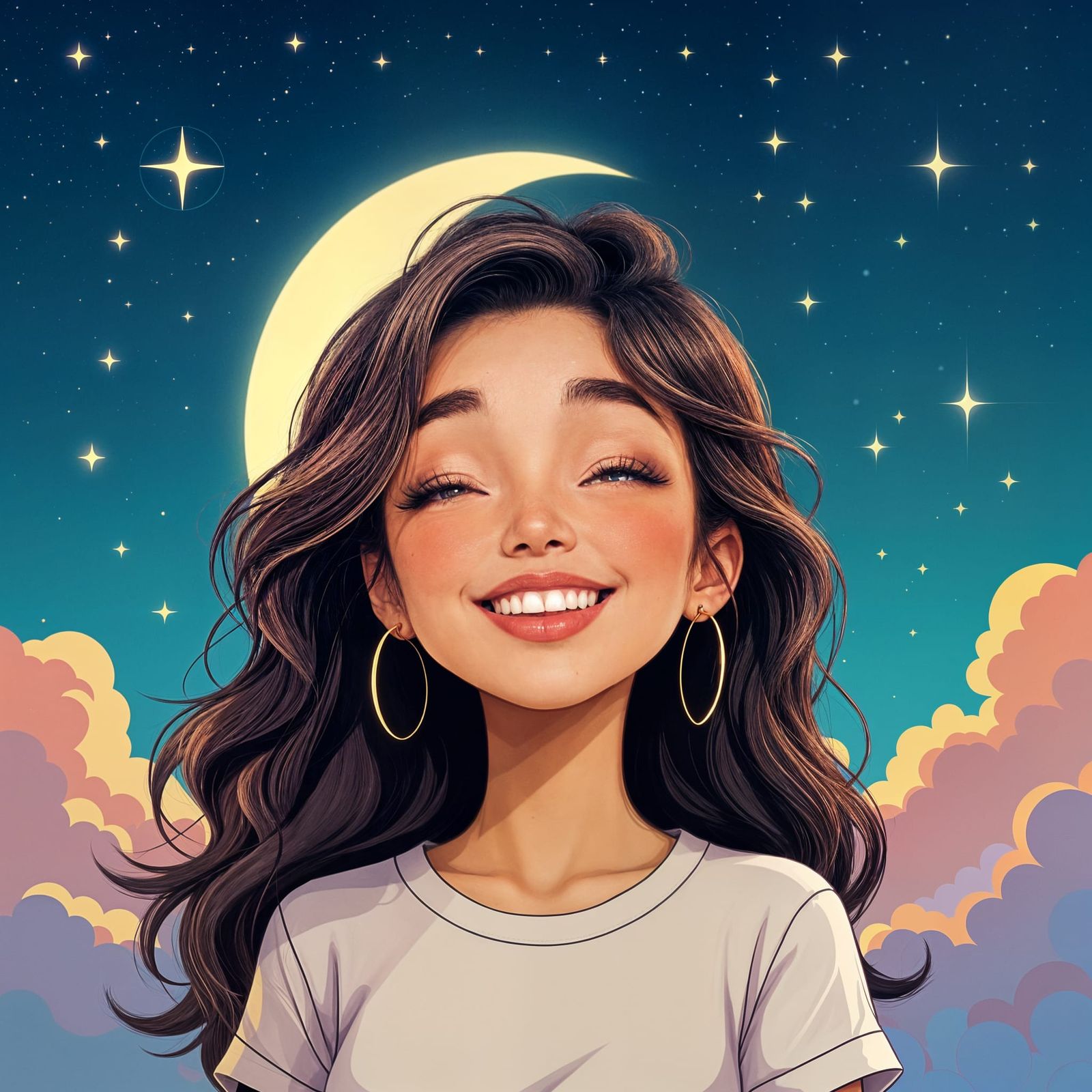 Smiling Moon Winks Under Starry Sky in Pop Art Style
