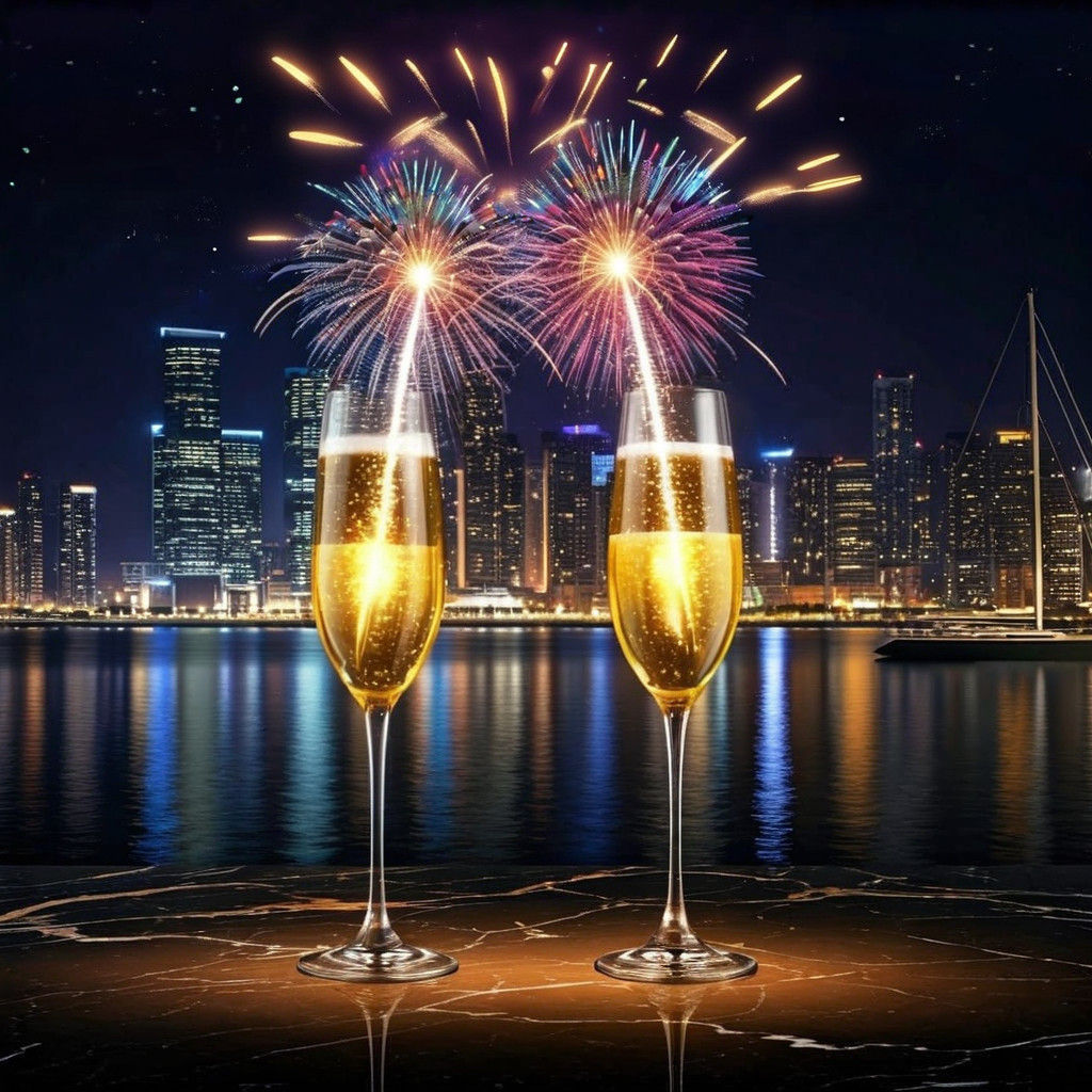 Celebratory Champagne Toasts Amidst a Nighttime Harbour Metr...