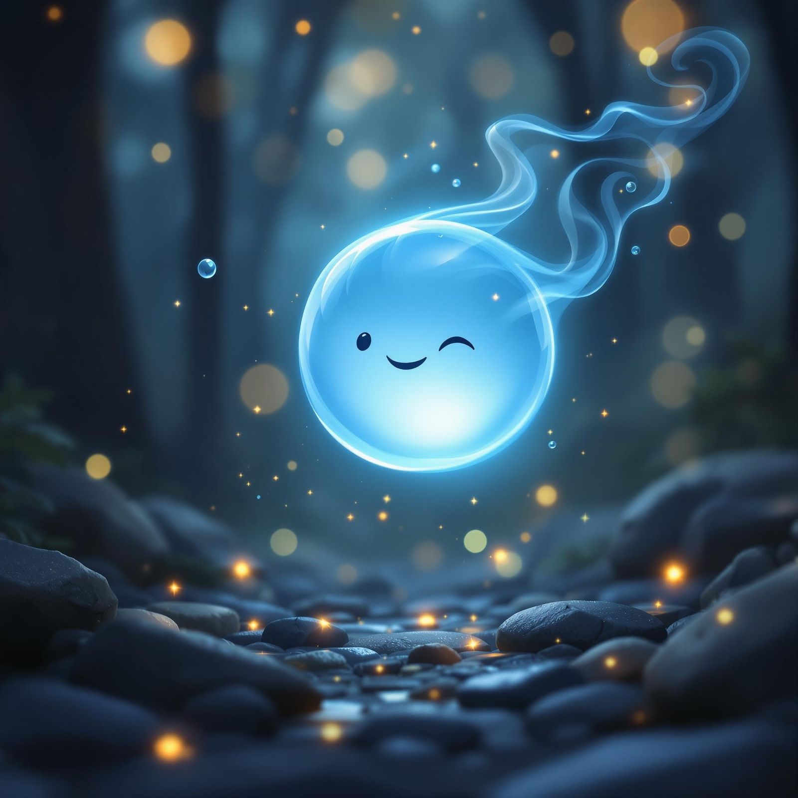 Whimsical Blue Orb in Golden Forest