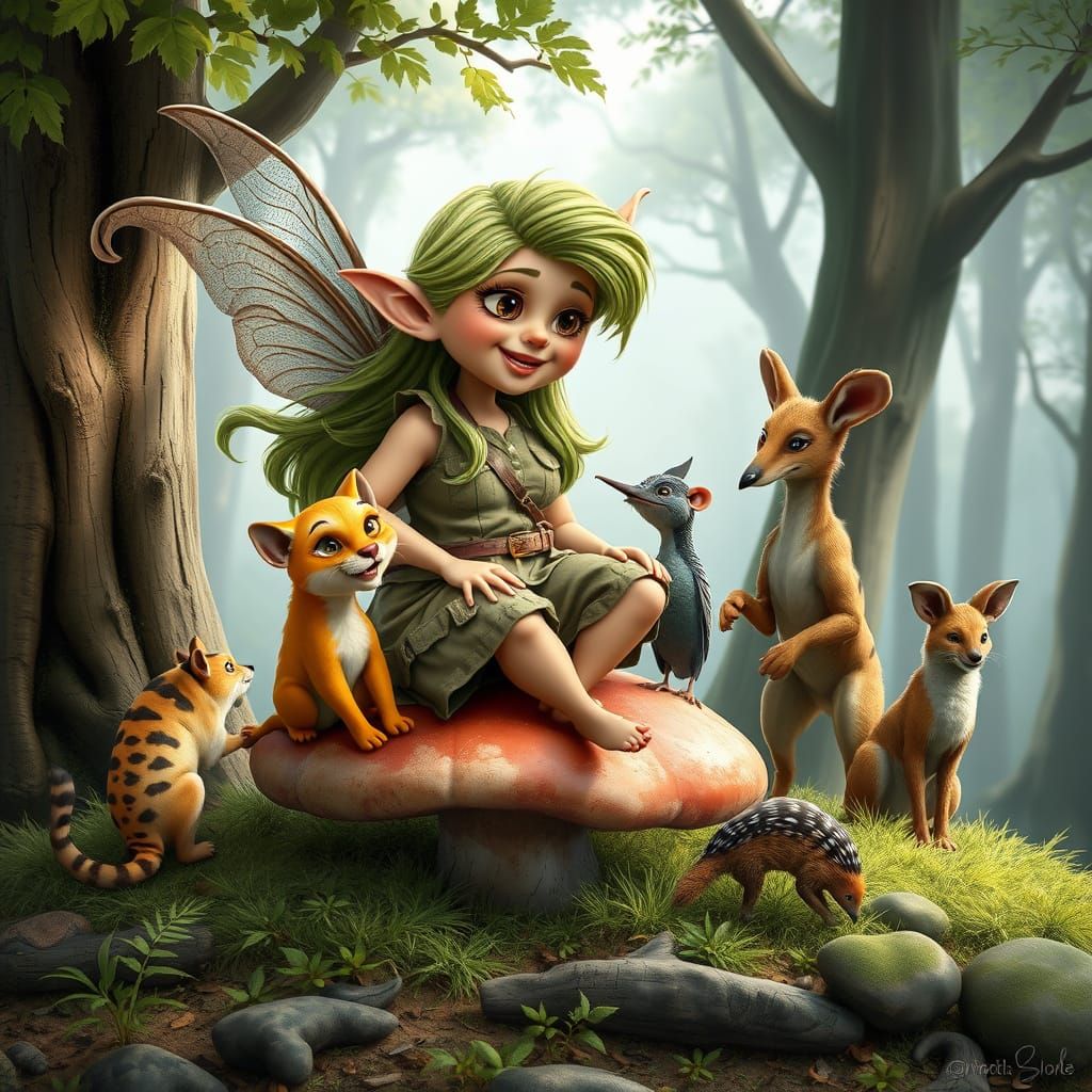 Fairy Chatting with Animals in Whimsical 3D Scene