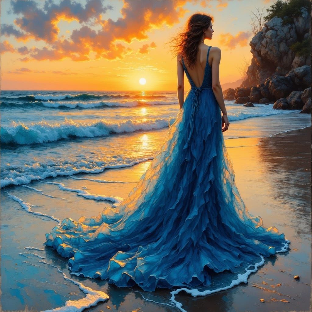 Azure Gown in Golden Sunset: Art Nouveau Style