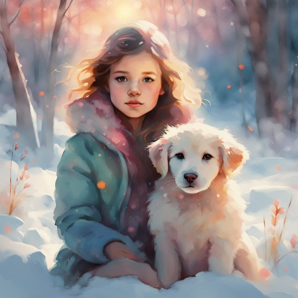 girl and puppy in the snow