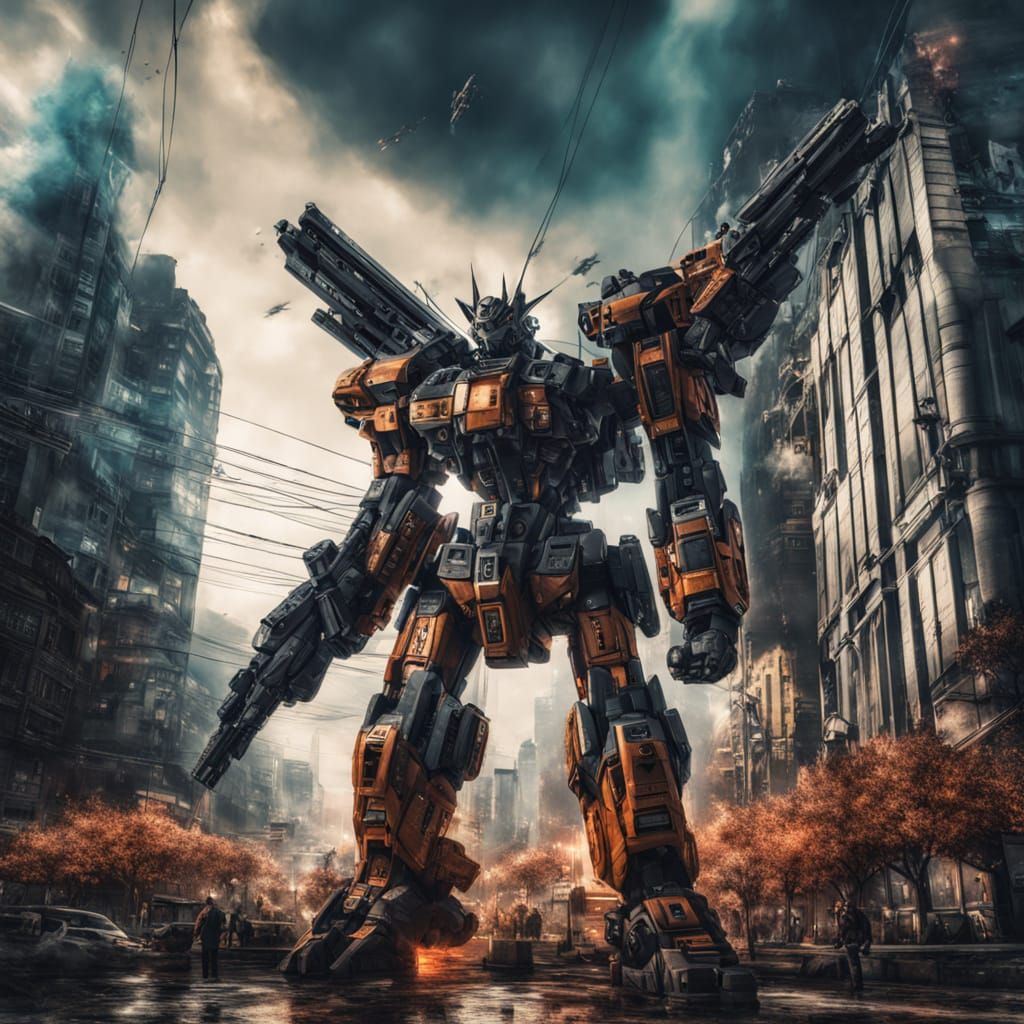 Rival Mechs Clash in Aerial Combat Above Futuristic City