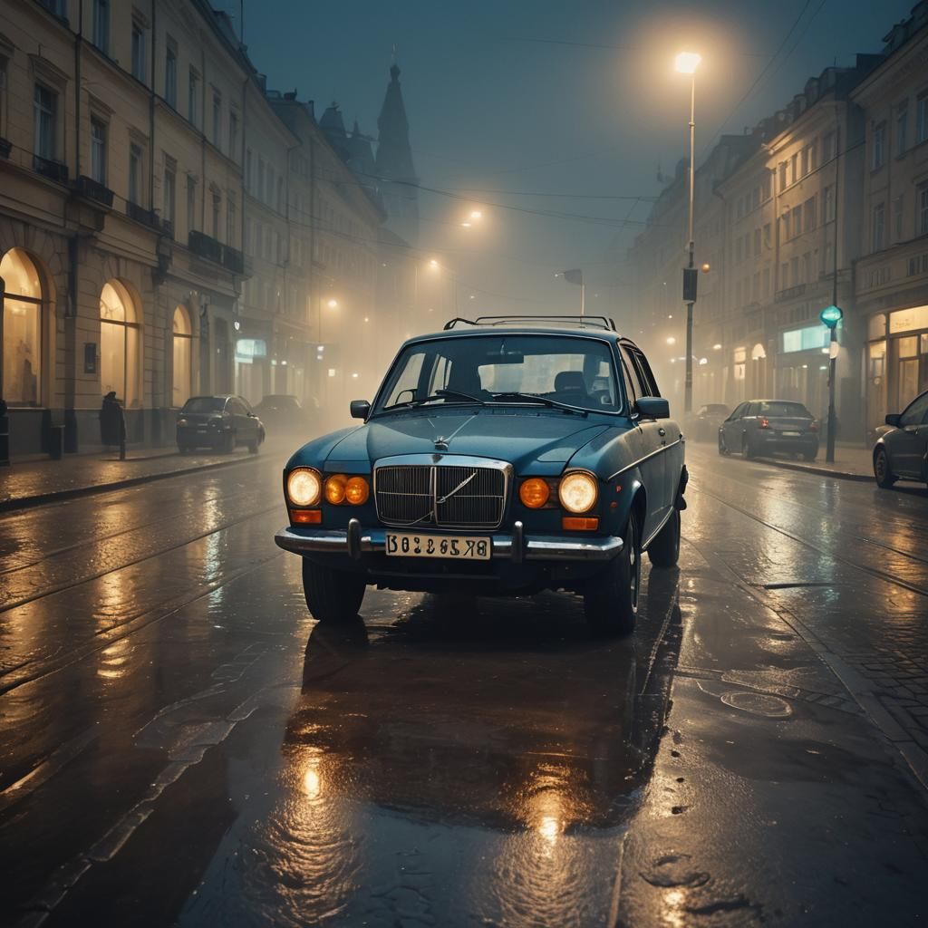 Surreal Car Parked on Misty Moscow Street