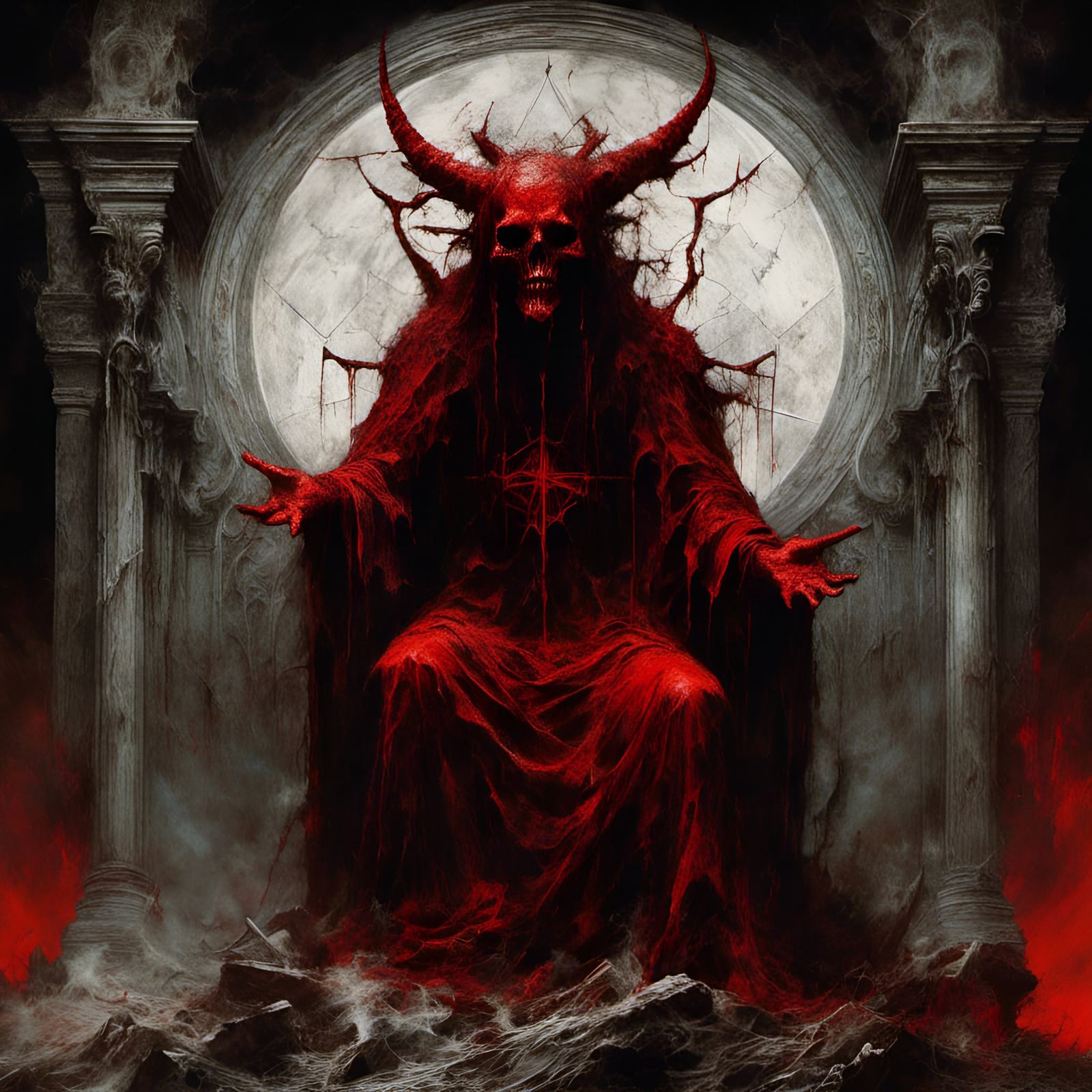 Macabre Demon in Purgatory with Satanic Altar