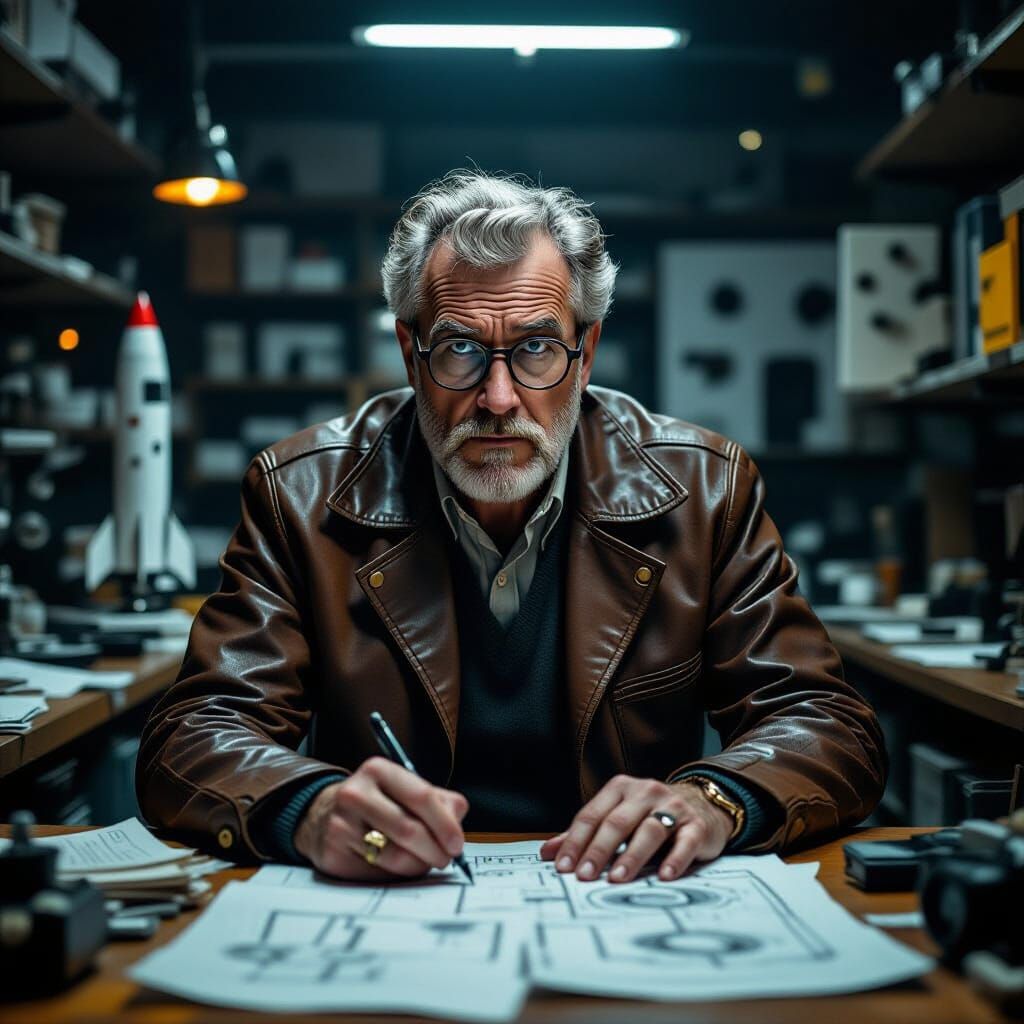 Mad Professor Surrounded by Rocket Science Schematics