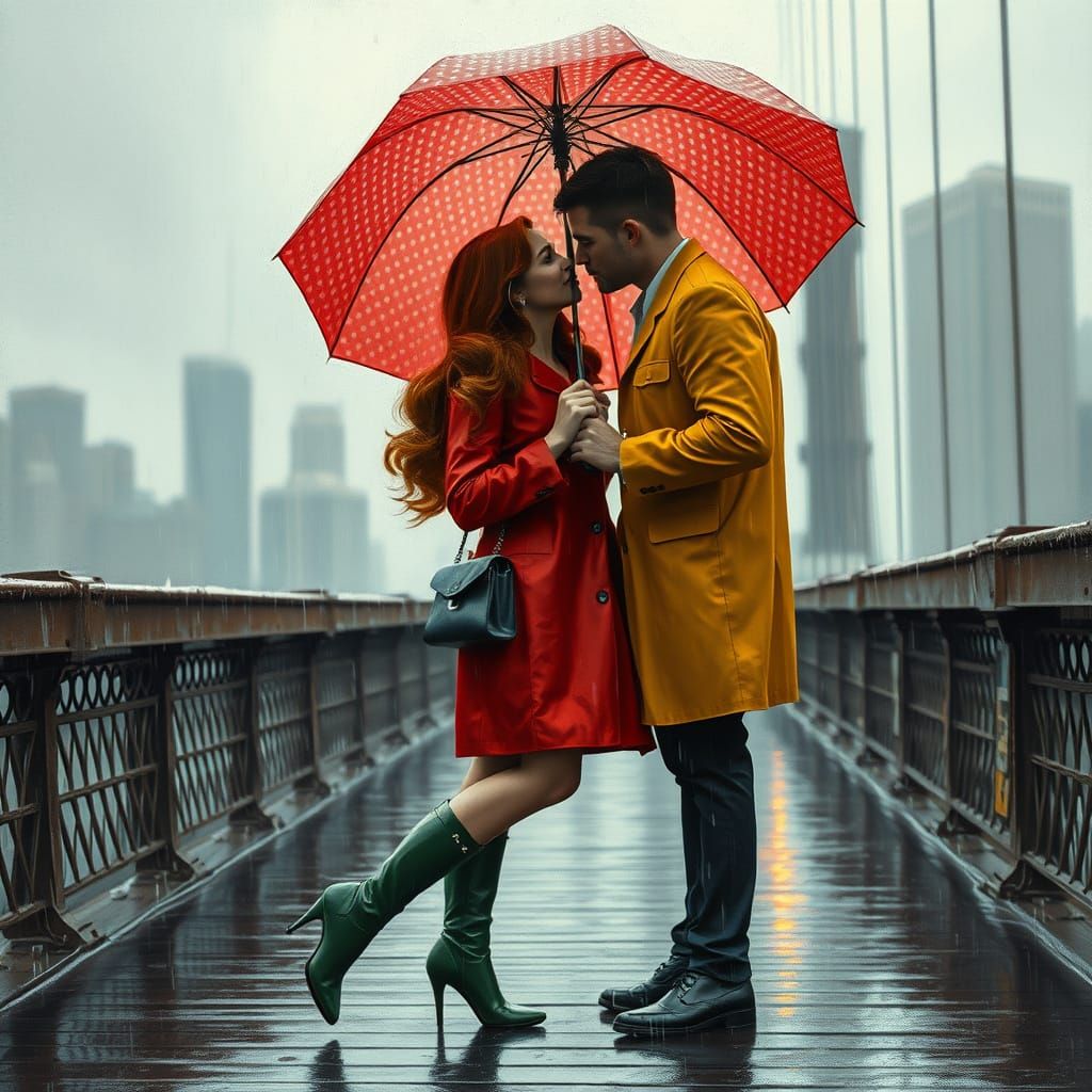 Kissing in the Rain: Retro Impressionistic Oil Painting