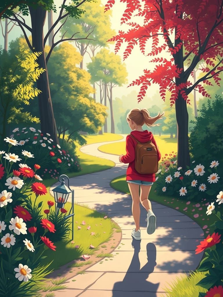 Modern Day Little Red Hood in Vibrant Park Scene