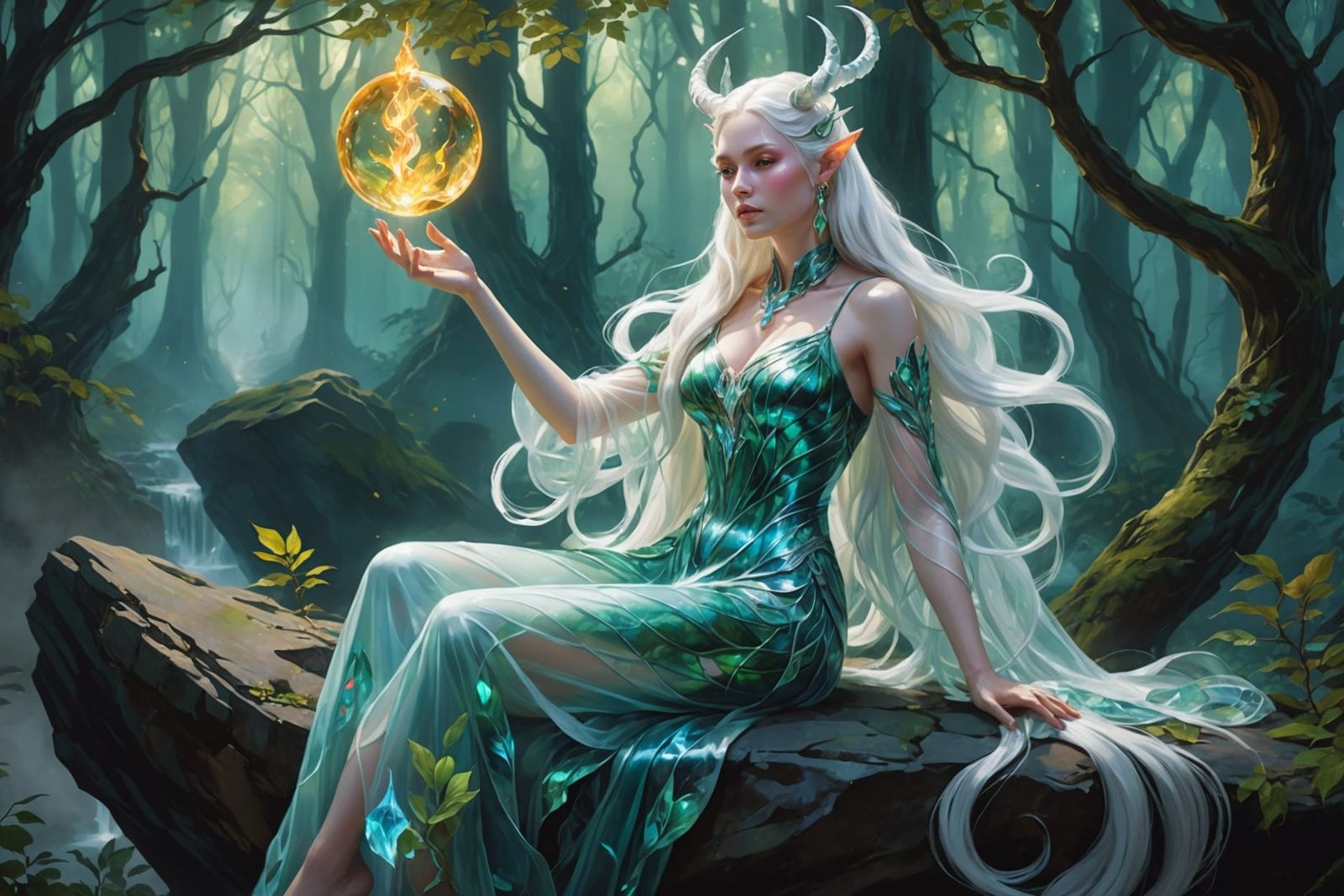 Mystical Forest Scene with Horned Female Figure