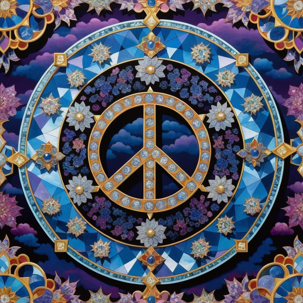 Glittering Diamond Peace Symbol Amidst Iridescent Clouds