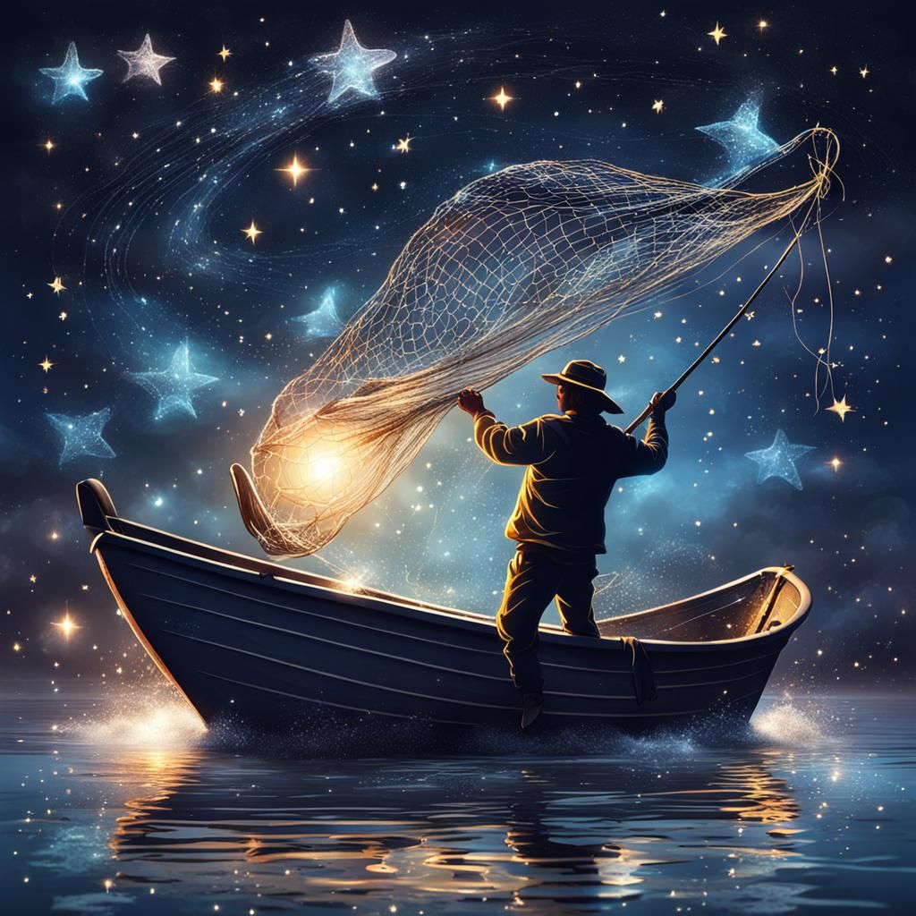 Playful Fisherman Casting Net Over Stars