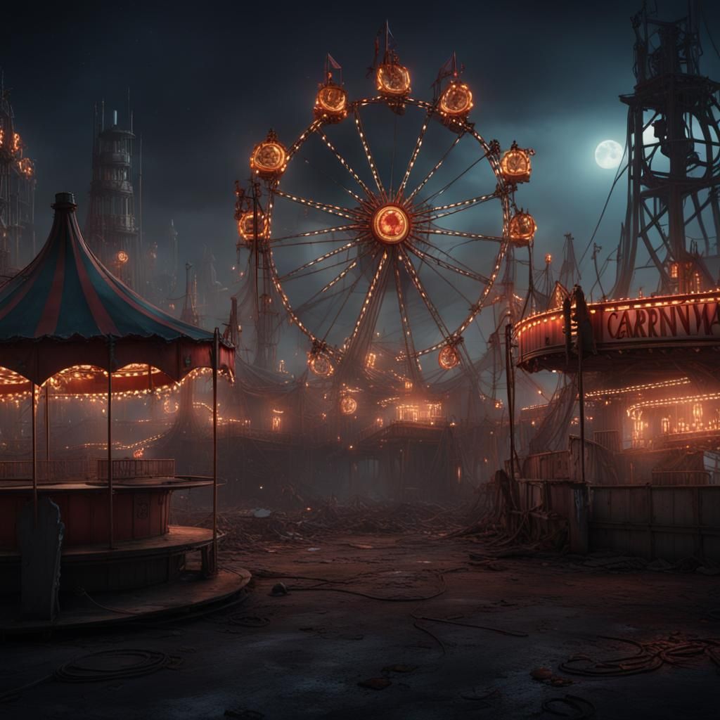 Dark, spooky A desolate, abandoned carnival at night, with f...