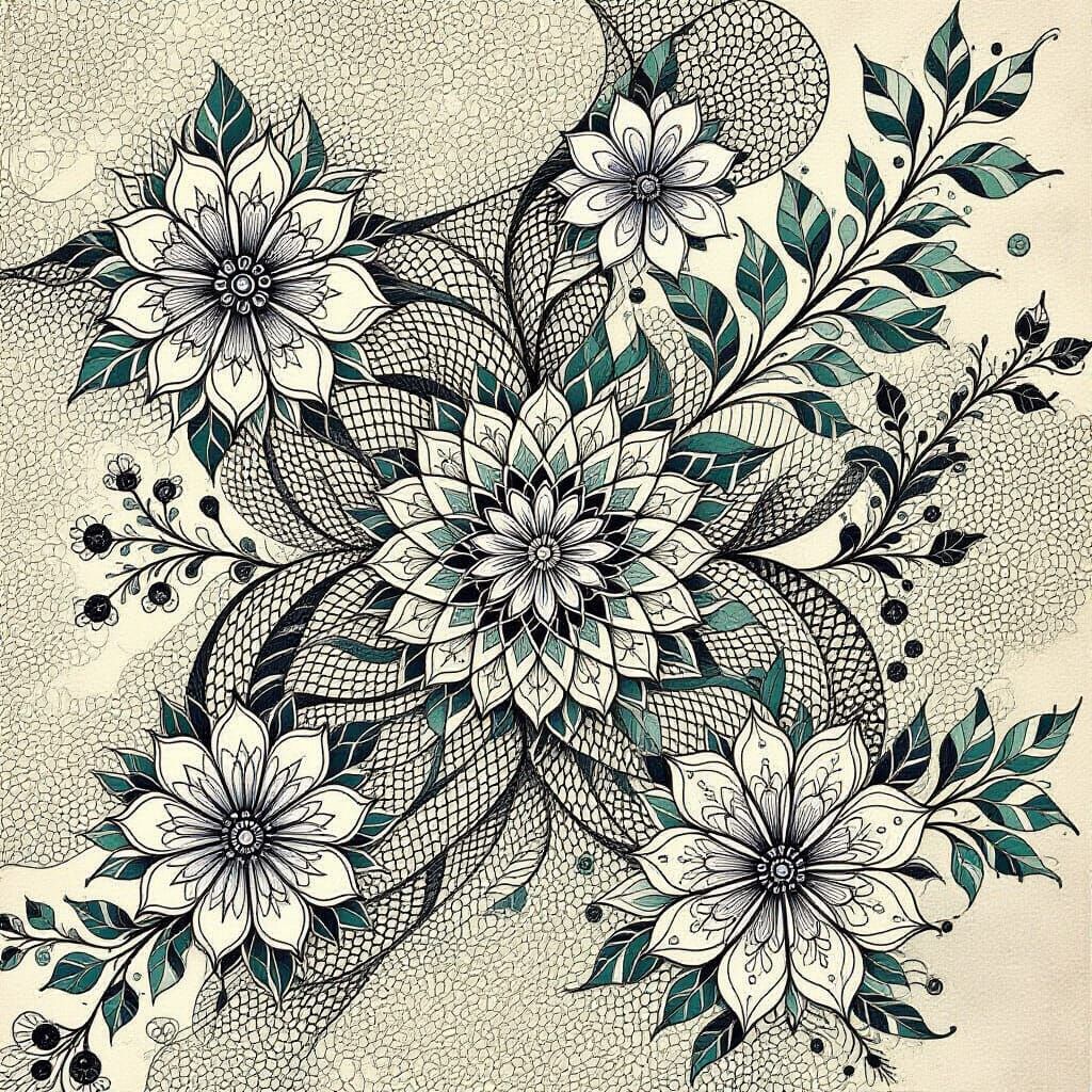 Intricate Zentangle Patterns in Blue and Green Ink