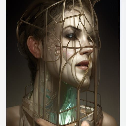 Woman in Glass Cage: Hyperdetailed Art Nouveau Portrait