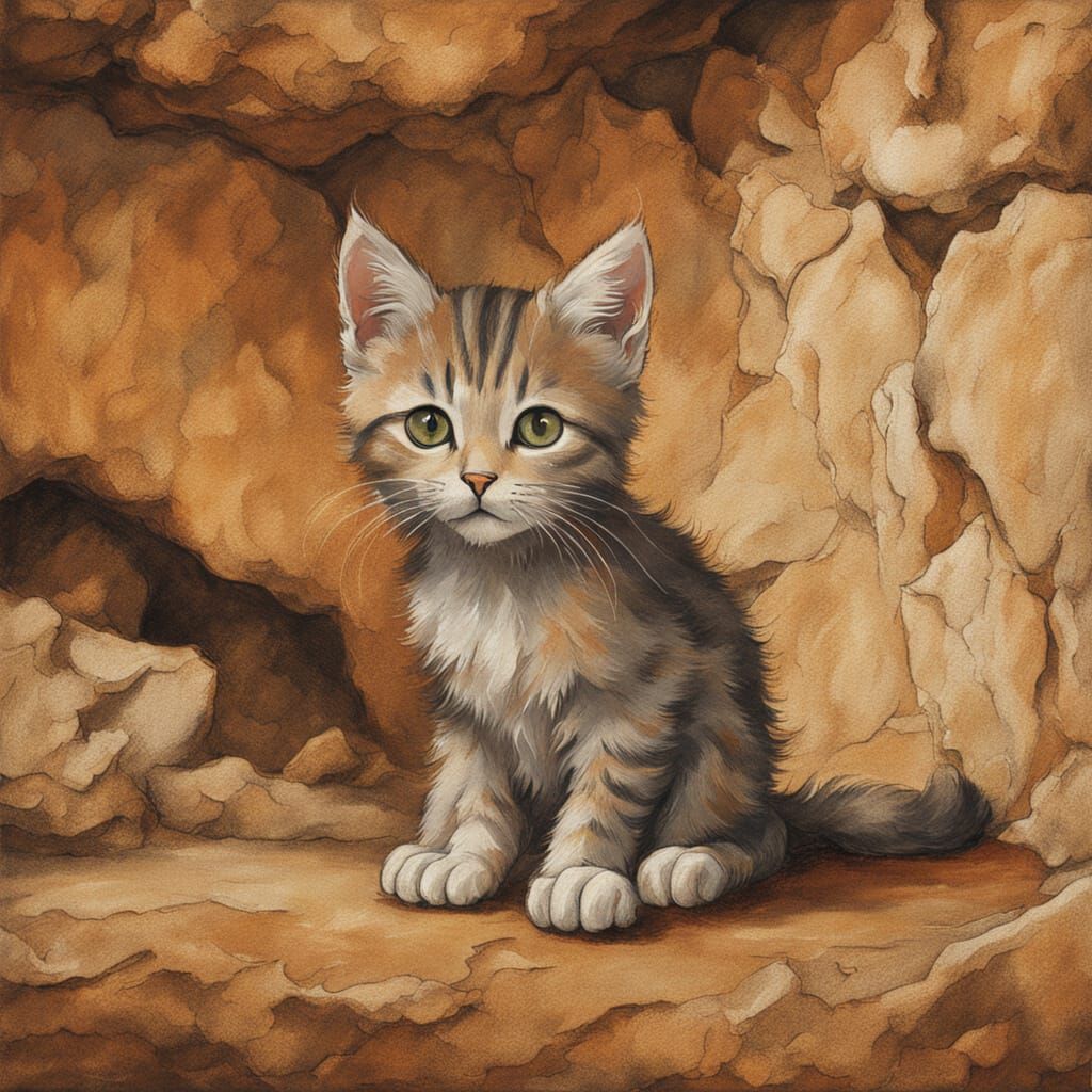 Kitten in Ancient Cave Painting, Lascaux Style