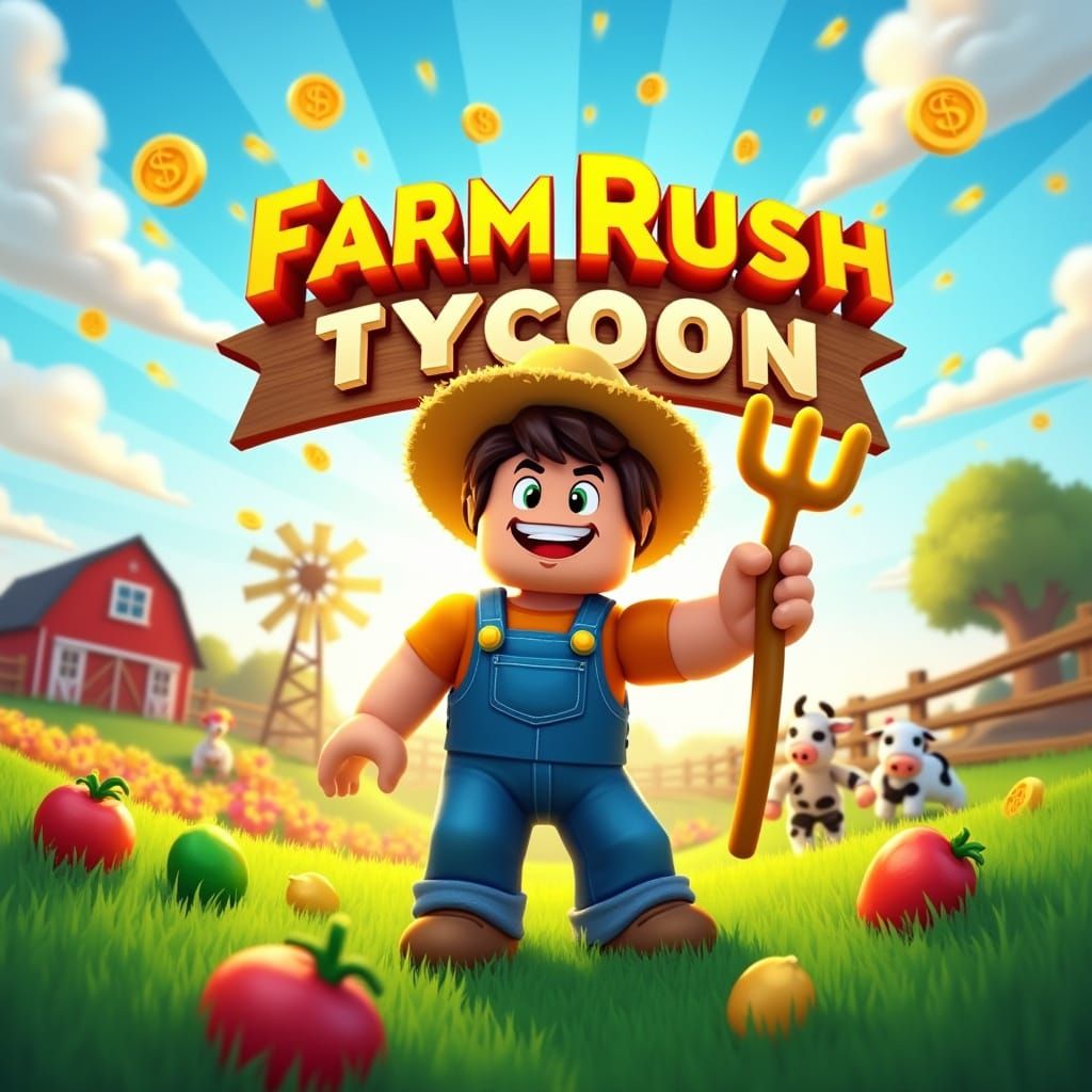 Cheerful Roblox Avatar in Farm Rush Tycoon Scene
