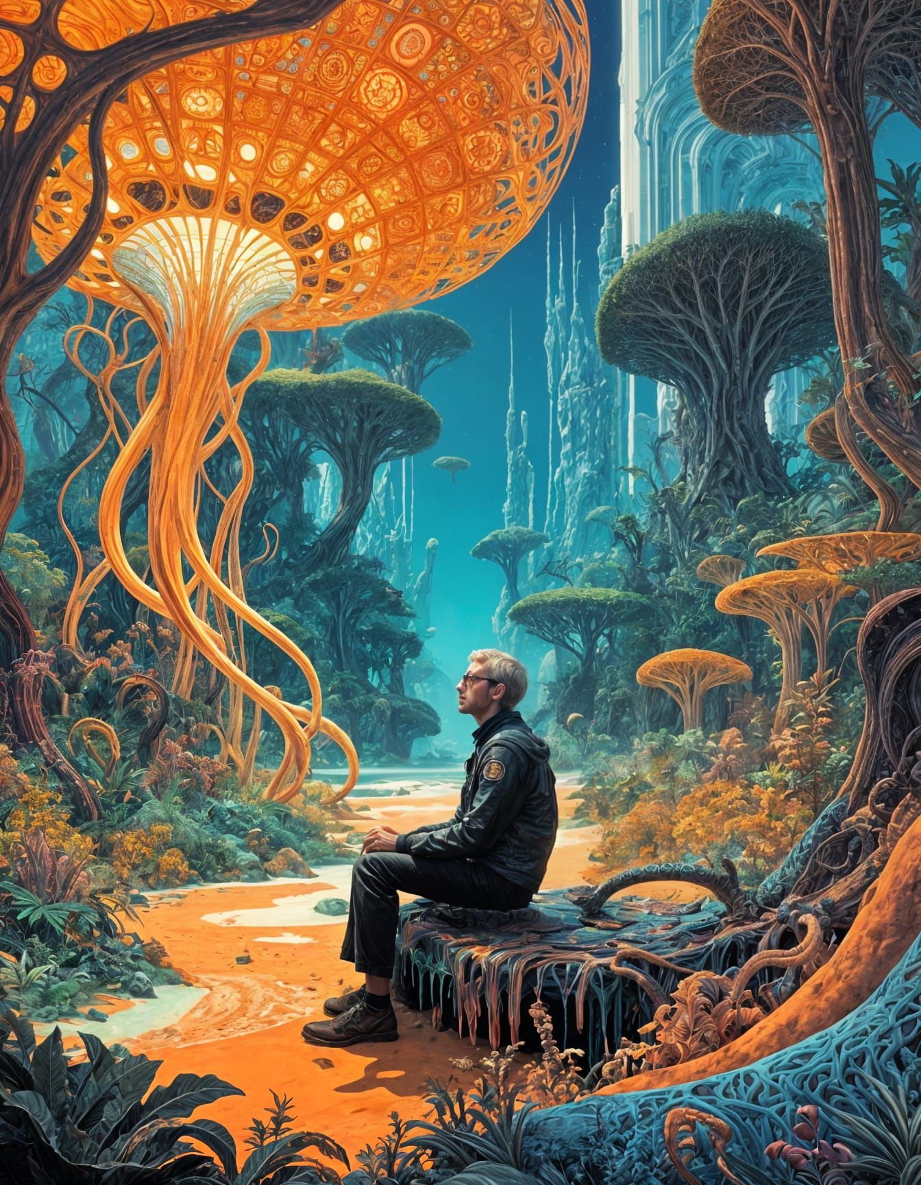 Infinite Forest Meets Kaleidoscopic Beach in Surreal Illustr...