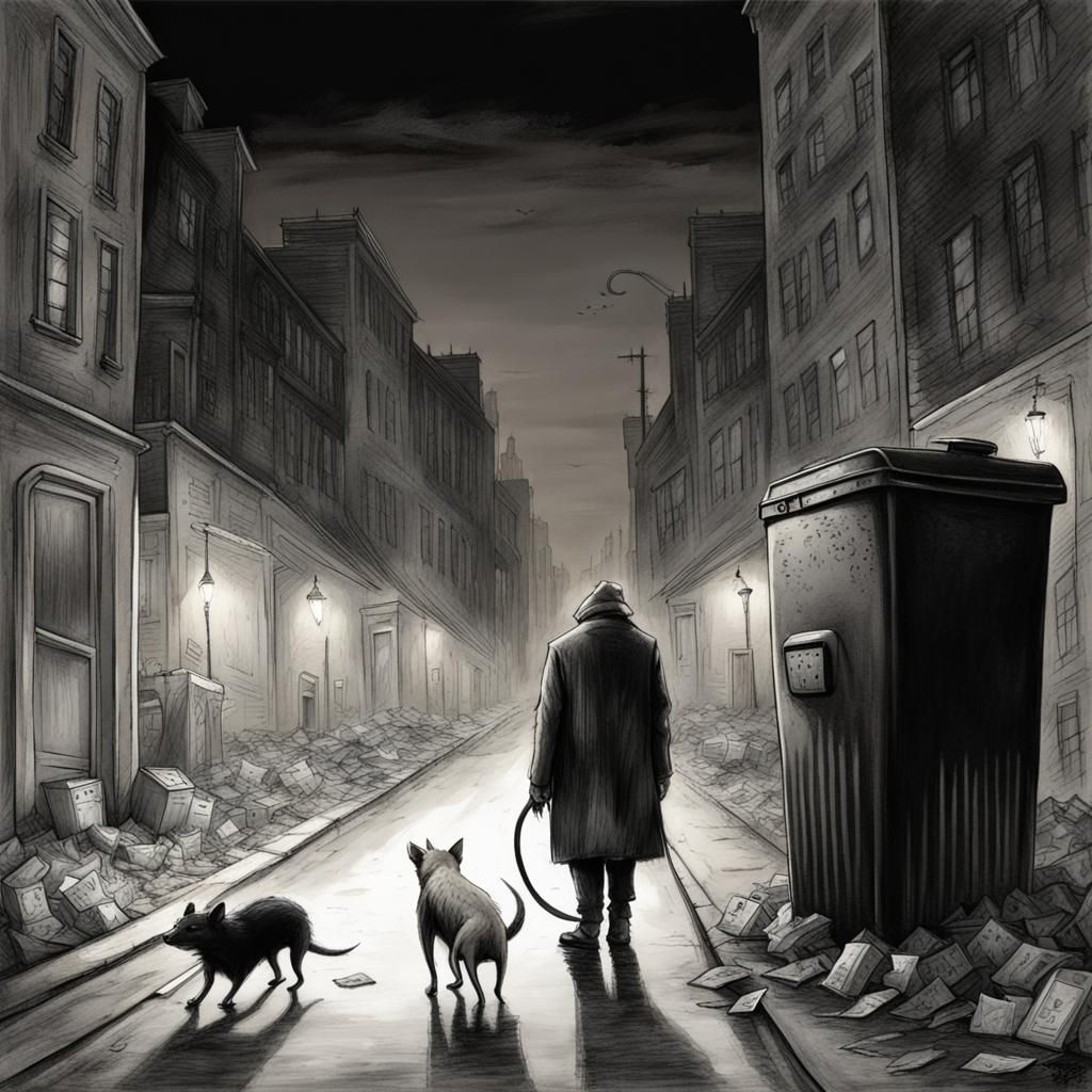 Man and Dog in Sinister City Street, Art Brut Style