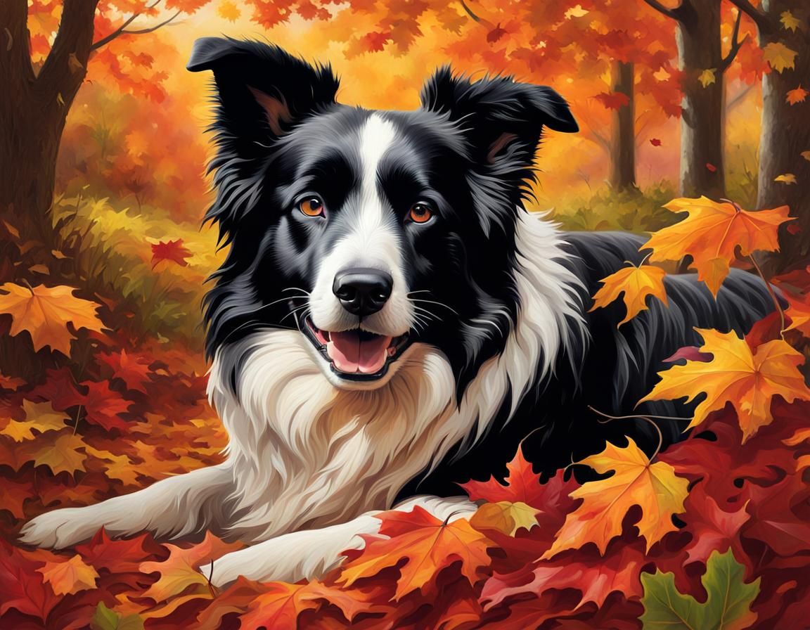 Hyperrealistic Portrait of Border Collie in Autumn Foliage